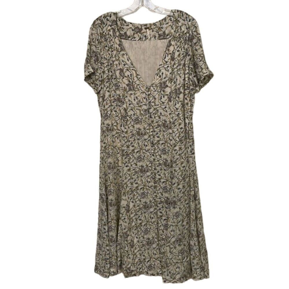 Free People Olive and Beige Floral V‑Neck Midi Dress